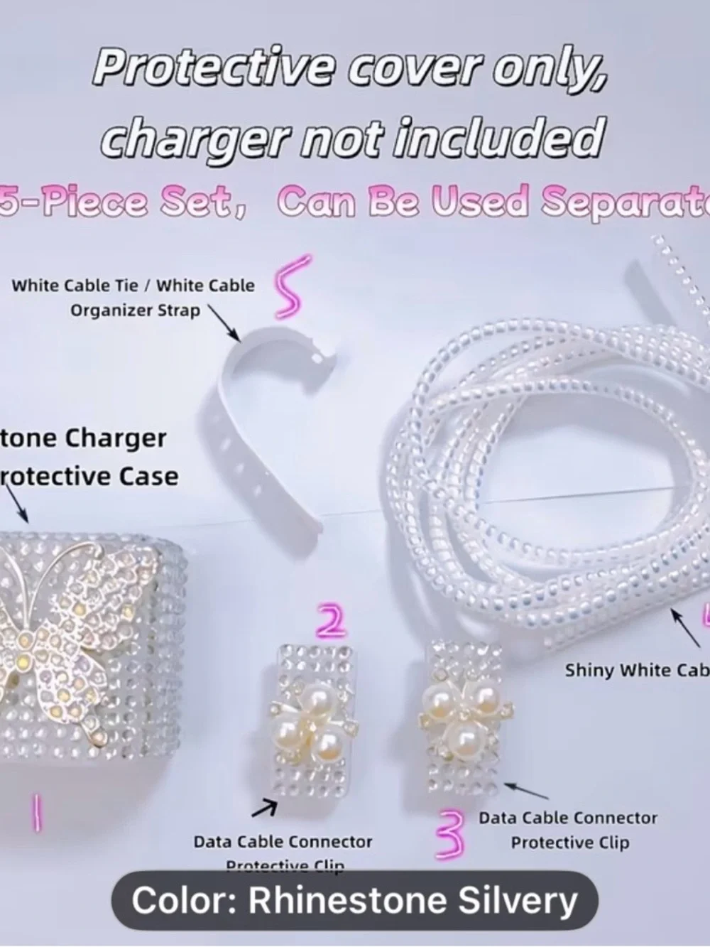 5PCS Rhinestone Silver Luxury Butterfly Bling Charger Set